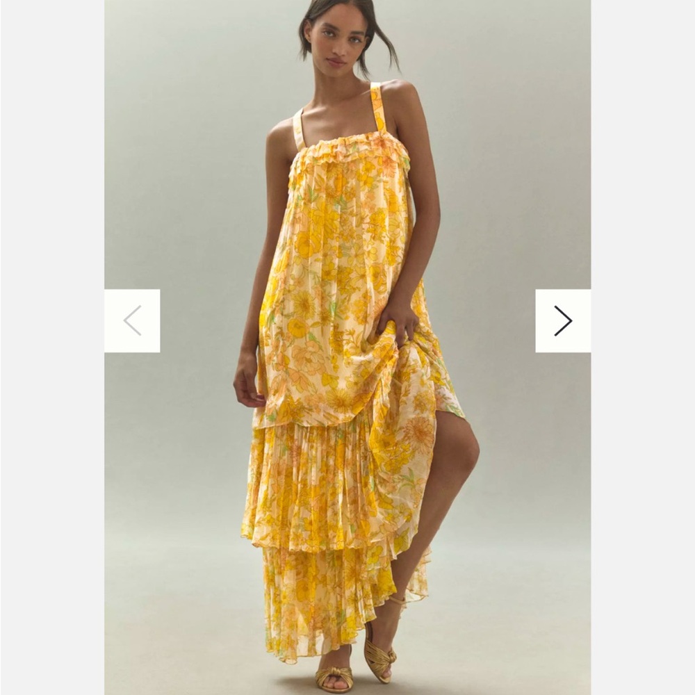 BHLDN CANDACE SLEEVELESS PRINTED TIERED CHIFFON RUFFLED MAXI DRESS